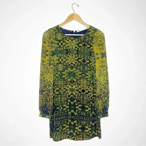 TWELFTH STREET BY CYNTHIA VINCENT Anthropologie Green Print Silk Dress Size 4 - Picture 4 of 9